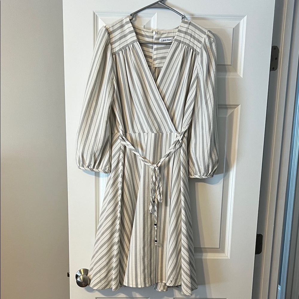 Calvin Klein Gray Striped Long Sleeve Dress